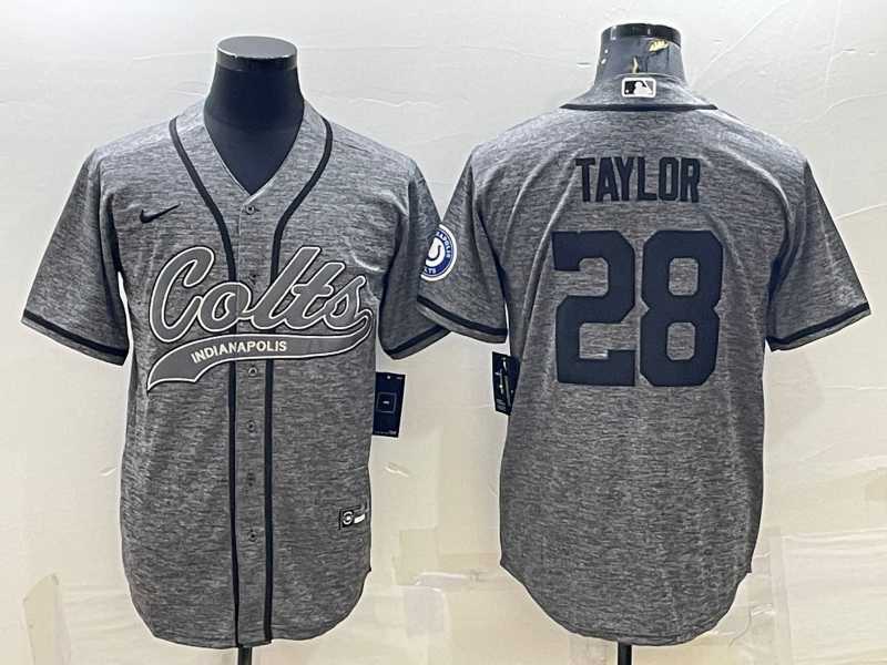 Mens Indianapolis Colts #28 Jonathan Taylor Grey Gridiron With Patch Cool Base Stitched Baseball Jersey->indianapolis colts->NFL Jersey